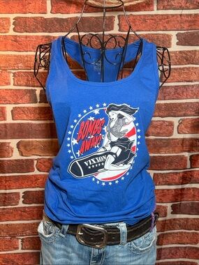 🎽 VIXXON Pin-Up Graphic Tank “Bombs Away” — Blue/White — Sz L / Q